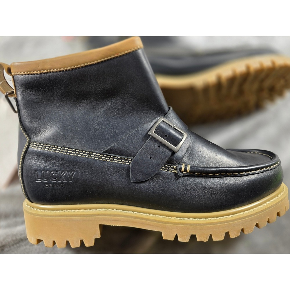 Lucky Brand Boots Men 9 Black Leather Moc Toe Monk Strap Lug Sole Factory Sample